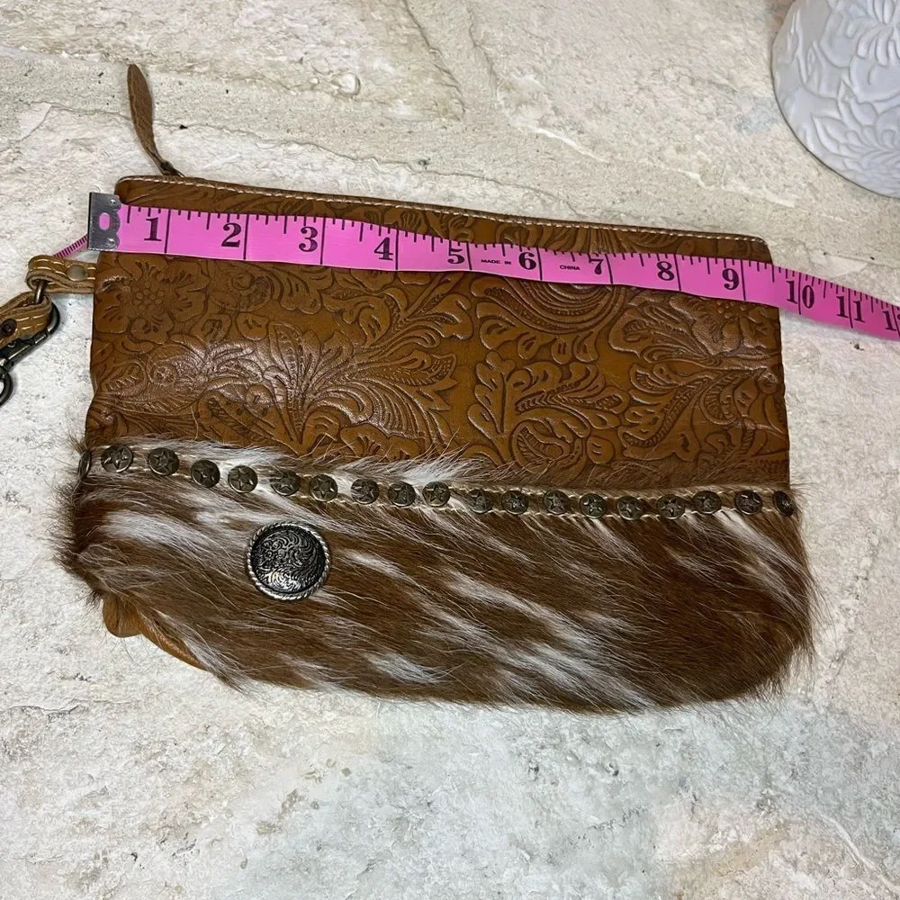 Myra embossed leather and calf hair cosmetic bag/wristlet